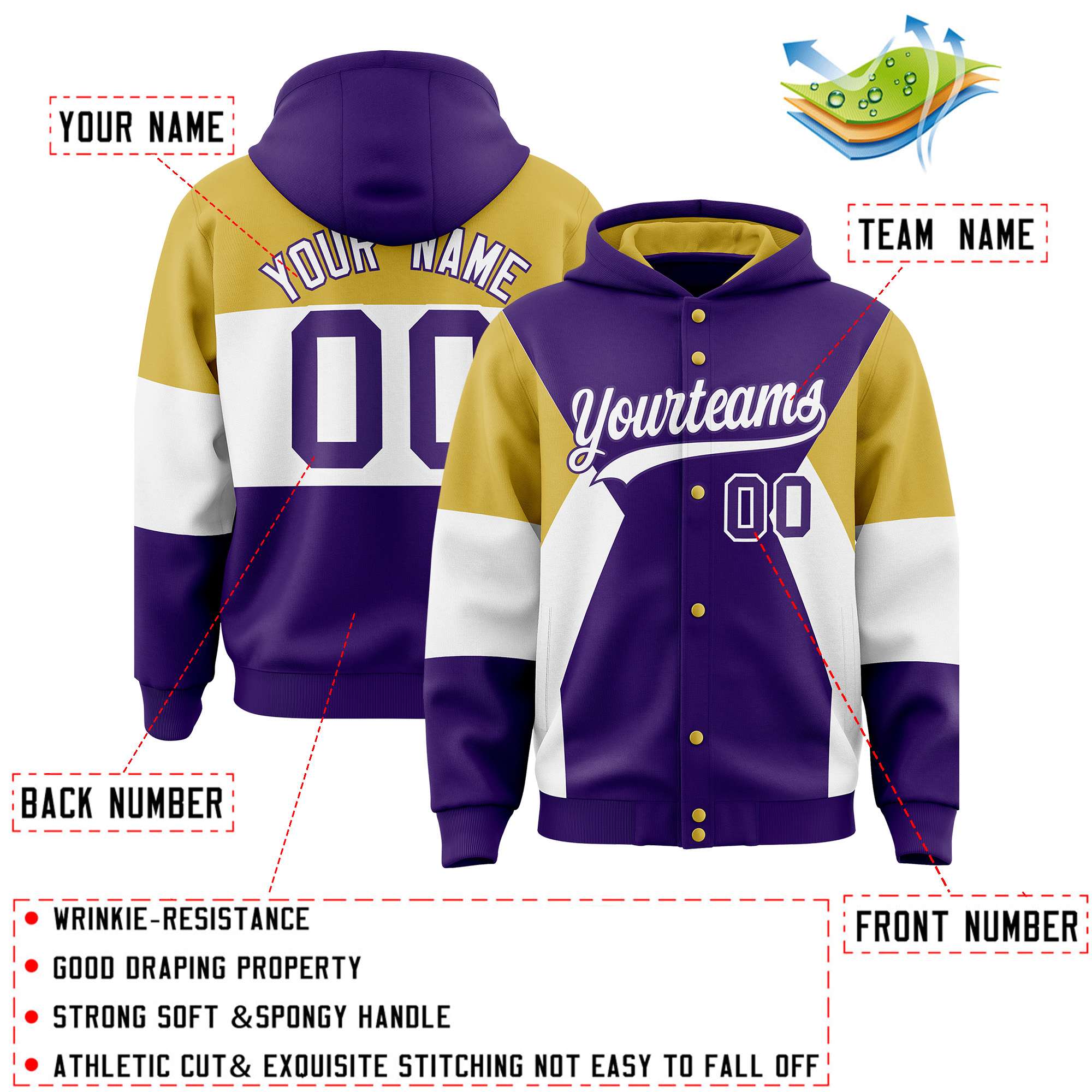 Custom Purple Old Gold-White Color Block Varsity Full-Snap Letterman Hoodie Jacket