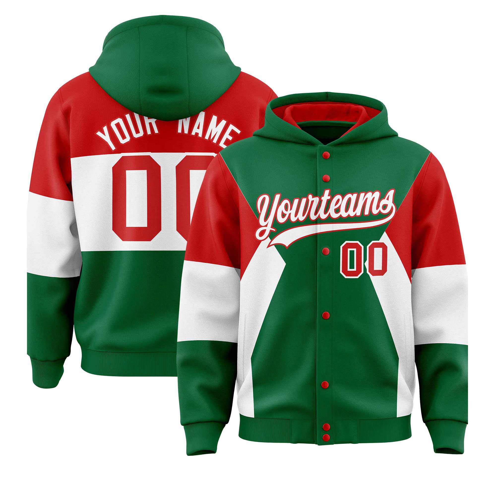 Custom Kelly Green Red-White Color Block Varsity Full-Snap Letterman Hoodie Jacket