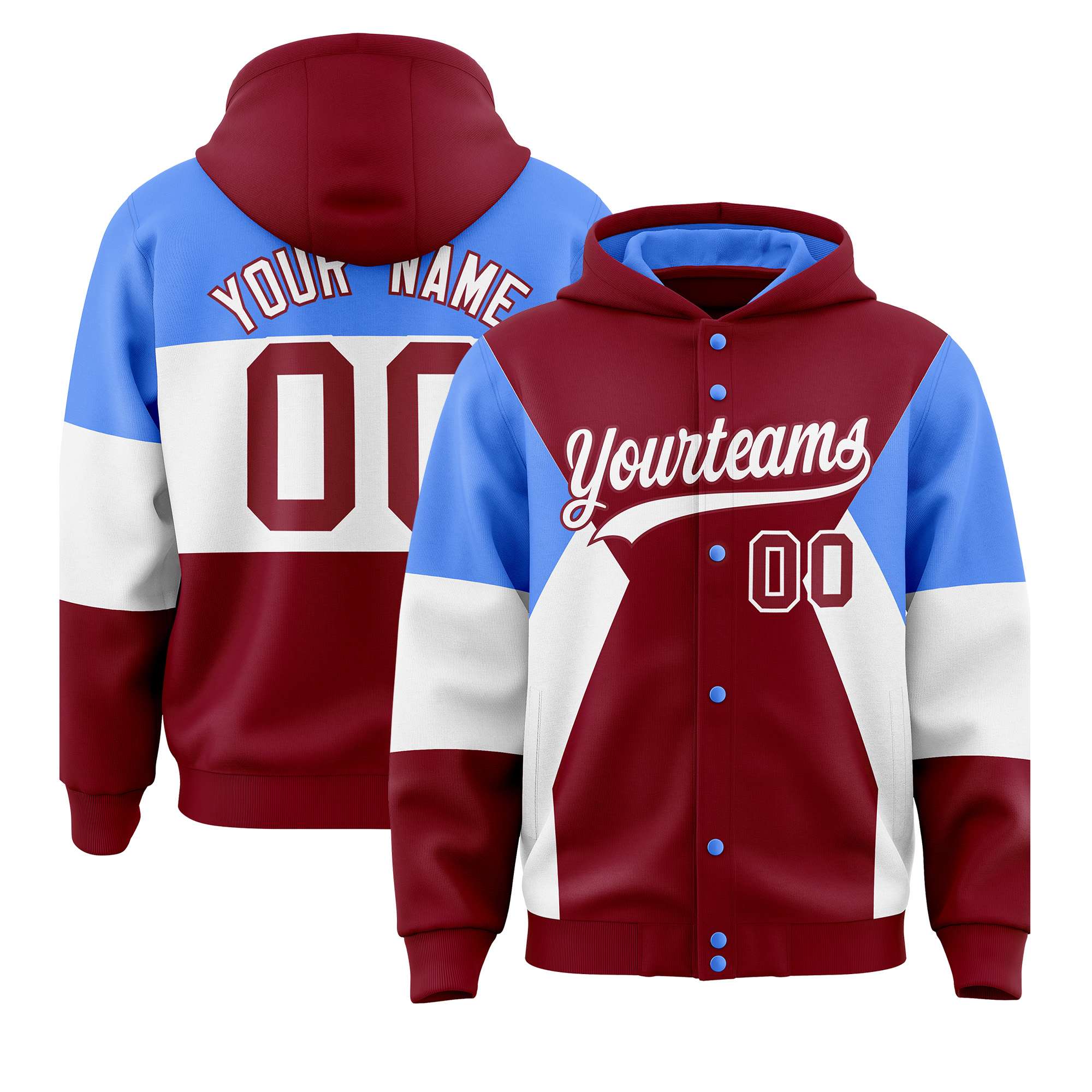 Custom Crimson Powder Blue-White Color Block Varsity Full-Snap Letterman Hoodie Jacket