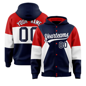 Custom Navy Red-White Color Block Varsity Full-Snap Letterman Hoodie Jacket