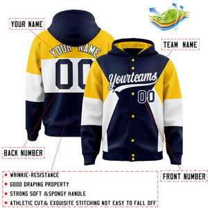 Custom Navy Gold-White Color Block Varsity Full-Snap Letterman Hoodie Jacket