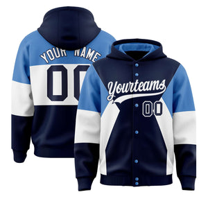 Custom Navy Light Blue-White Color Block Varsity Full-Snap Letterman Hoodie Jacket