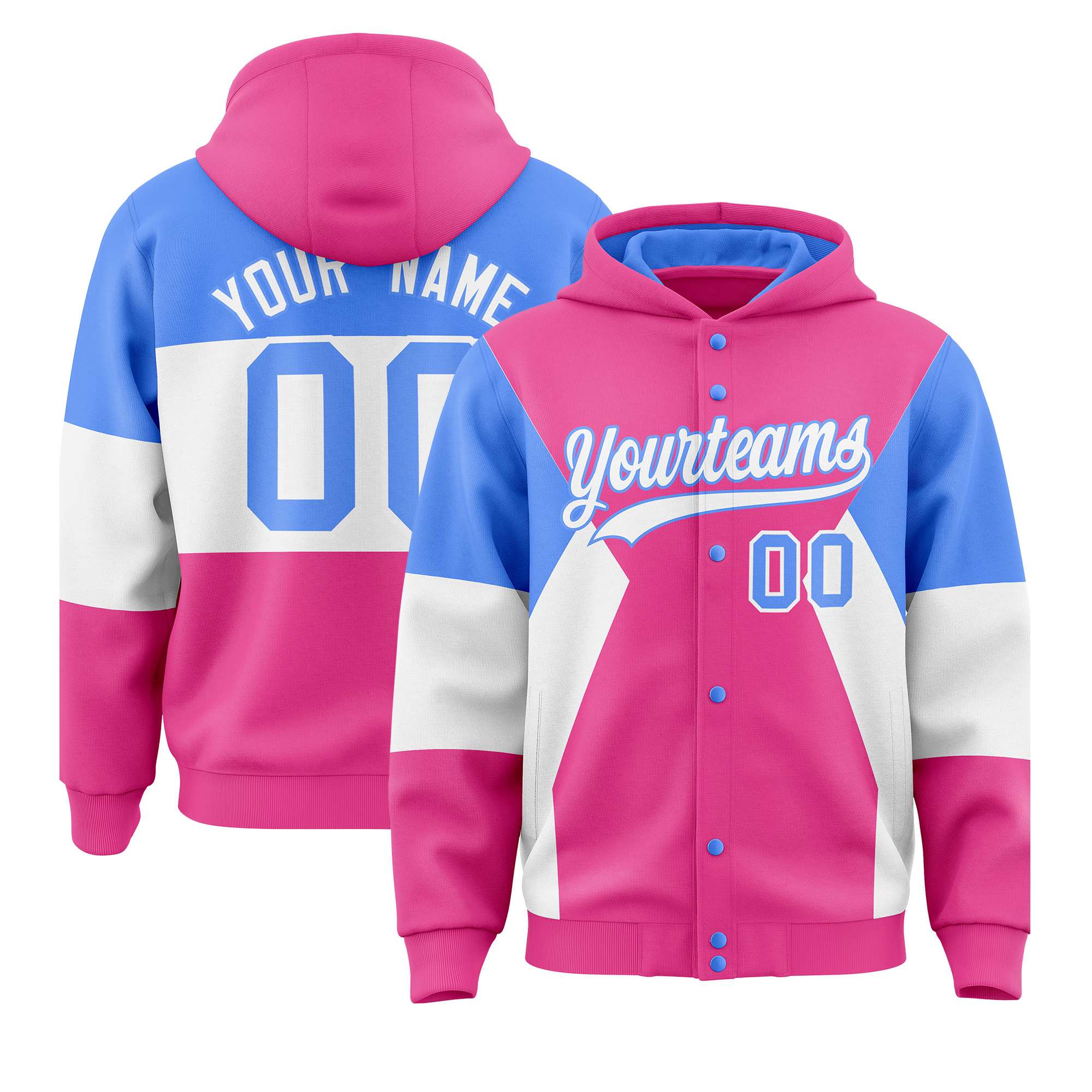 Custom Pink Powder Blue-White Color Block Varsity Full-Snap Letterman Hoodie Jacket