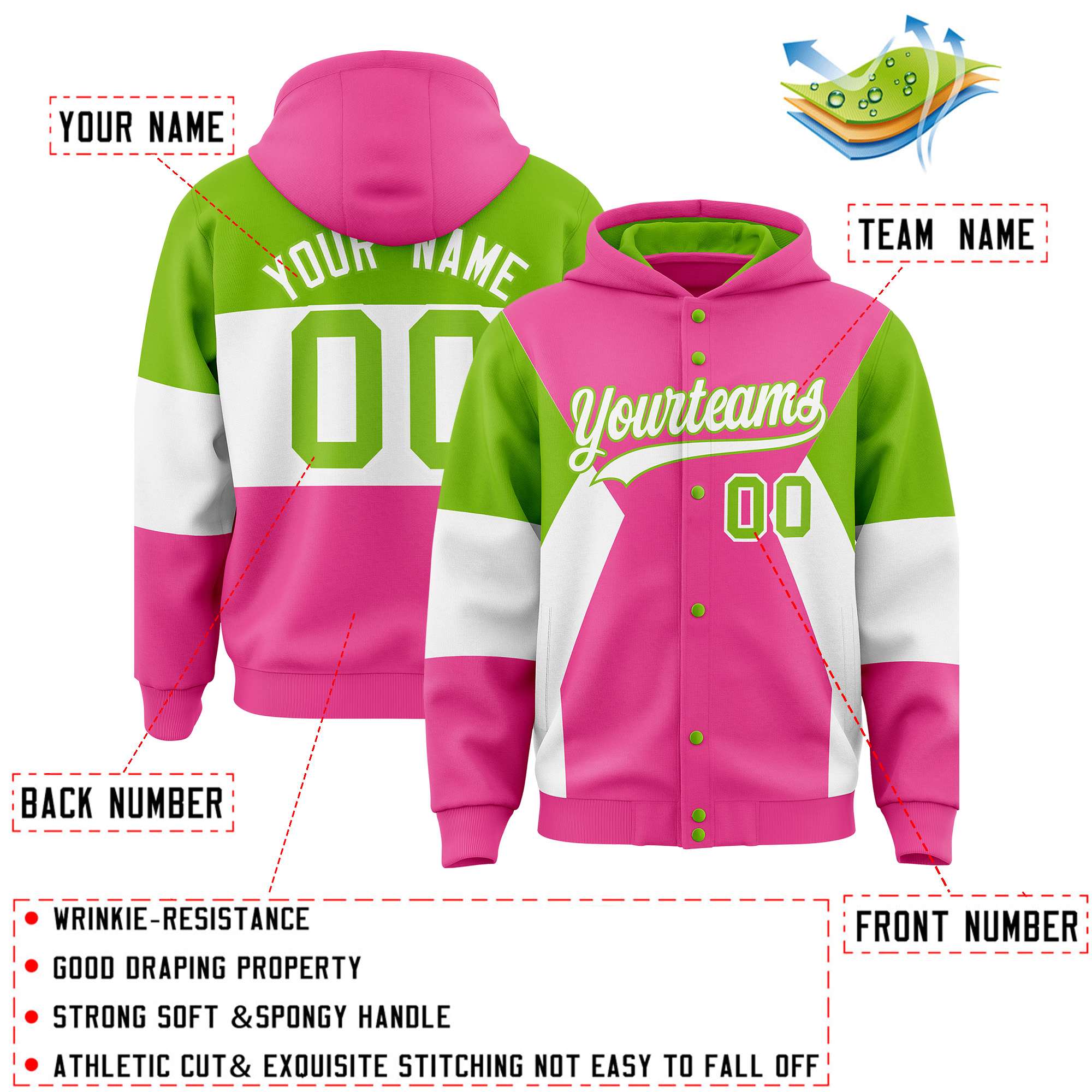 Custom Pink Neon Green-White Color Block Varsity Full-Snap Letterman Hoodie Jacket