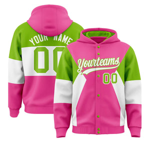 Custom Pink Neon Green-White Color Block Varsity Full-Snap Letterman Hoodie Jacket