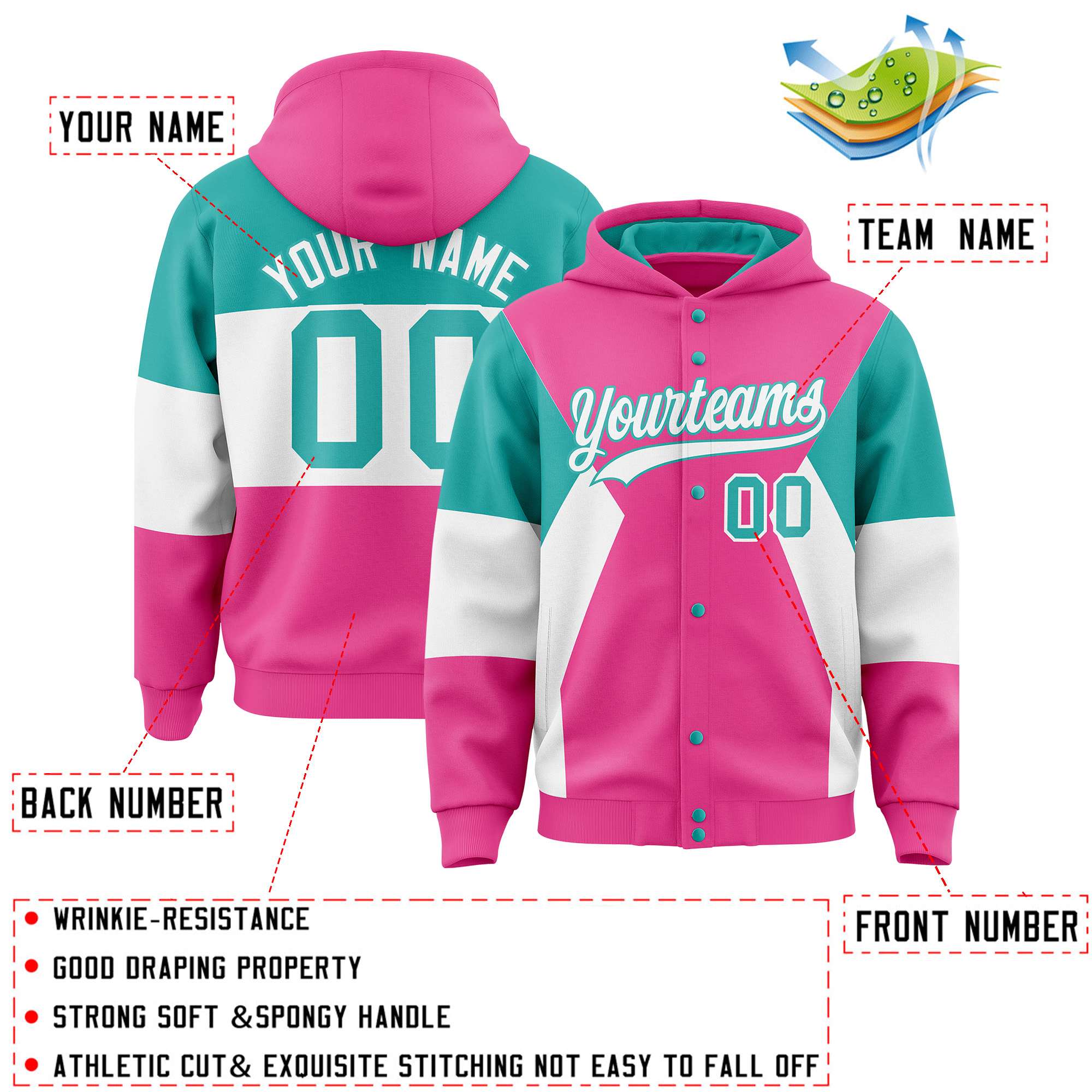 Custom Pink Aqua-White Color Block Varsity Full-Snap Letterman Hoodie Jacket