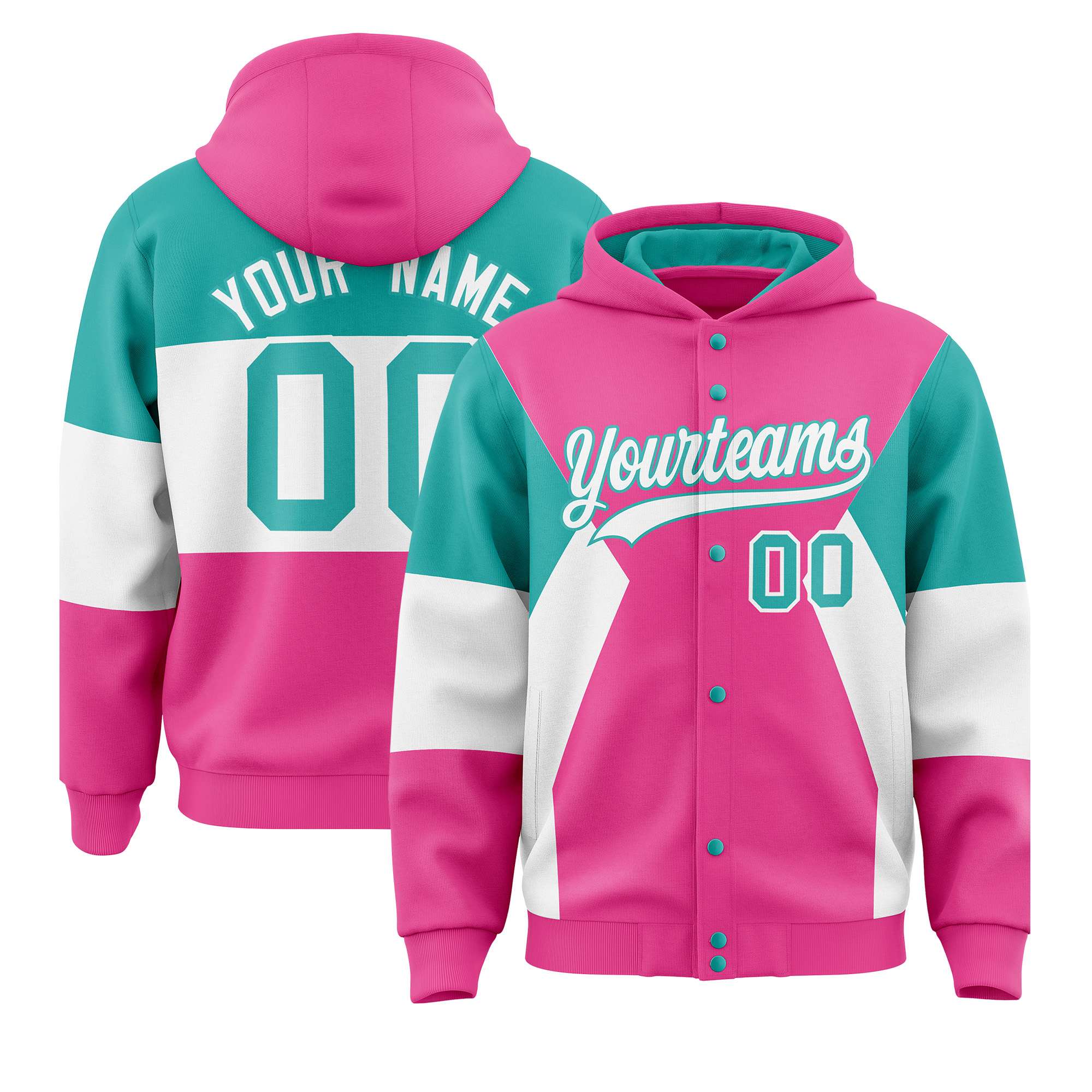 Custom Pink Aqua-White Color Block Varsity Full-Snap Letterman Hoodie Jacket