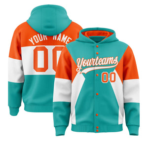 Custom Aqua Orange-White Color Block Varsity Full-Snap Letterman Hoodie Jacket