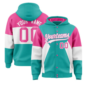 Custom Aqua Pink-White Color Block Varsity Full-Snap Letterman Hoodie Jacket