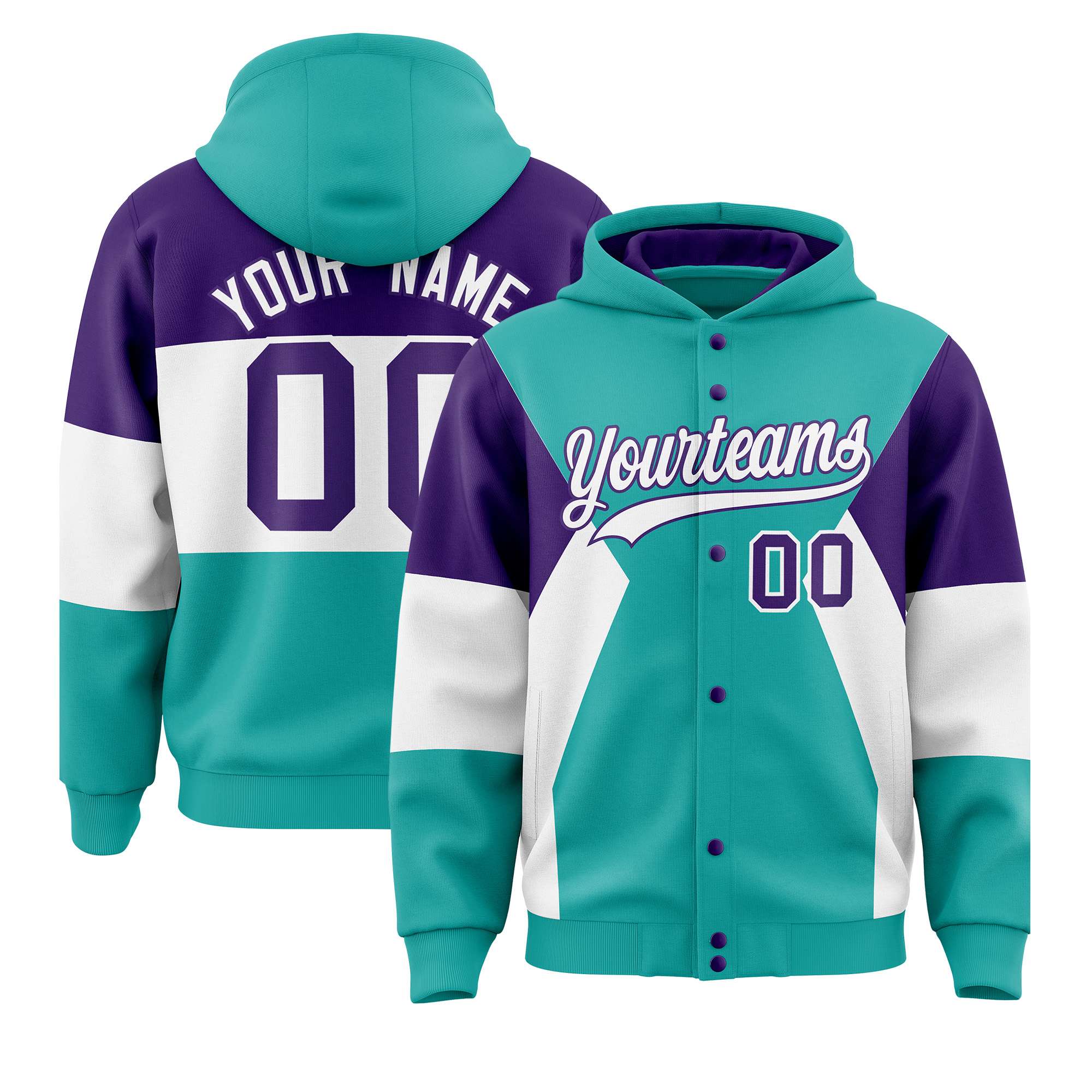 Custom Aqua Purple-White Color Block Varsity Full-Snap Letterman Hoodie Jacket