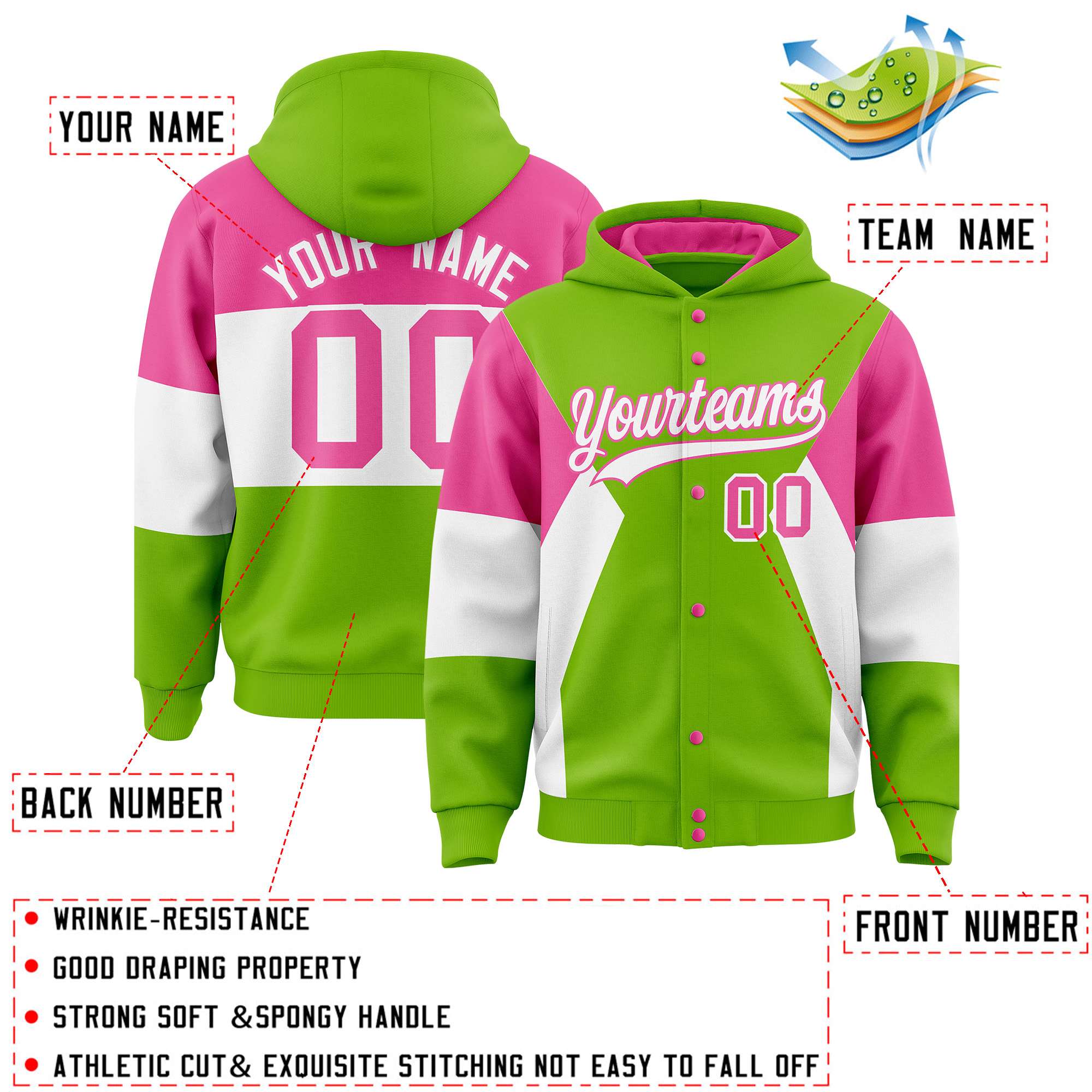 Custom Neon Green Pink-White Color Block Varsity Full-Snap Letterman Hoodie Jacket