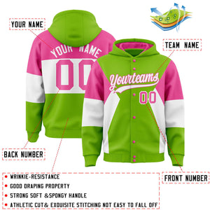 Custom Neon Green Pink-White Color Block Varsity Full-Snap Letterman Hoodie Jacket