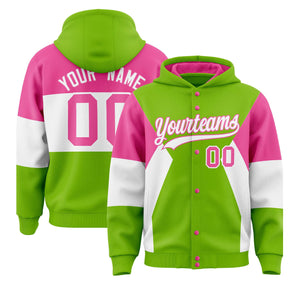 Custom Neon Green Pink-White Color Block Varsity Full-Snap Letterman Hoodie Jacket