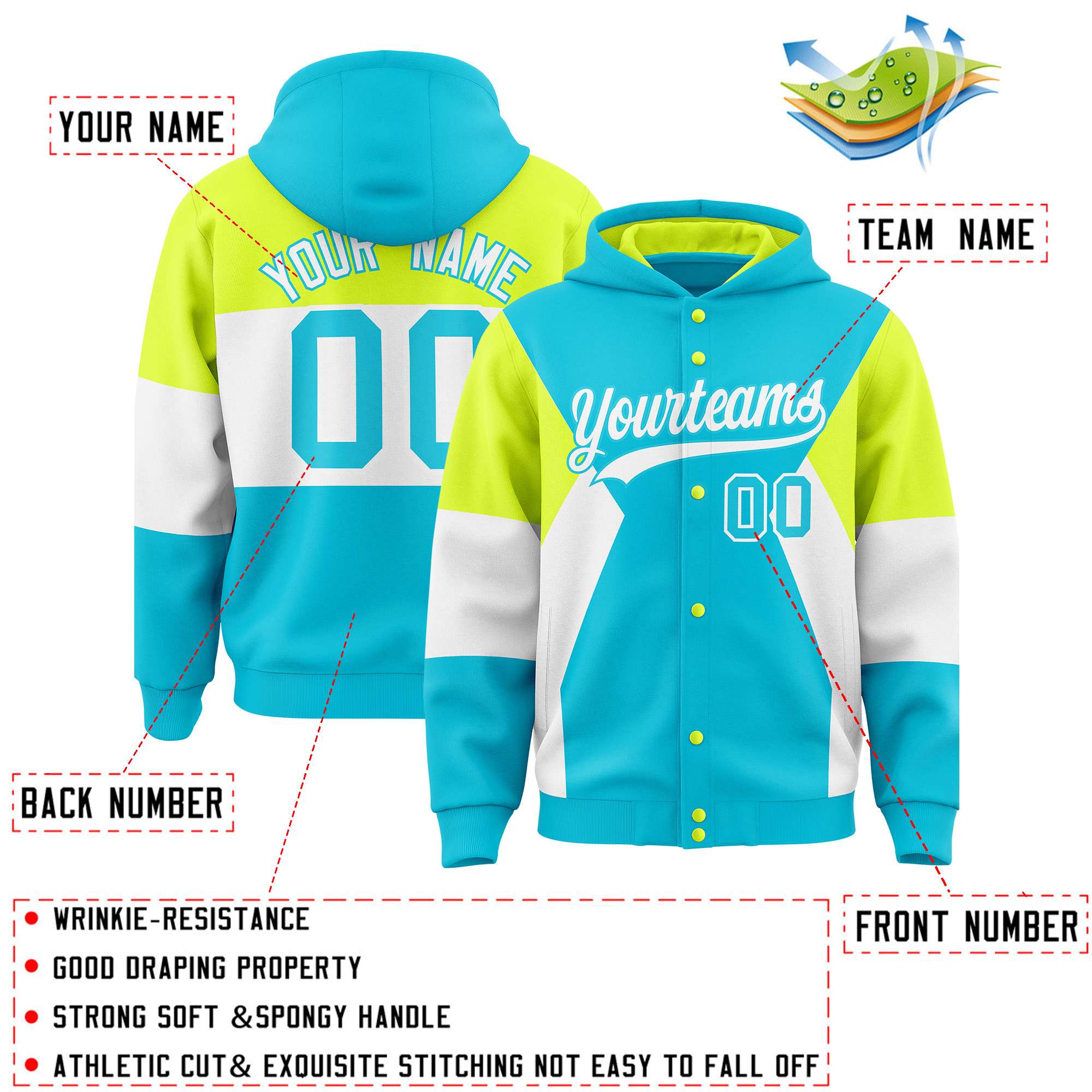 Custom Sky Blue Fluorescent Green-White Color Block Varsity Full-Snap Letterman Hoodie Jacket