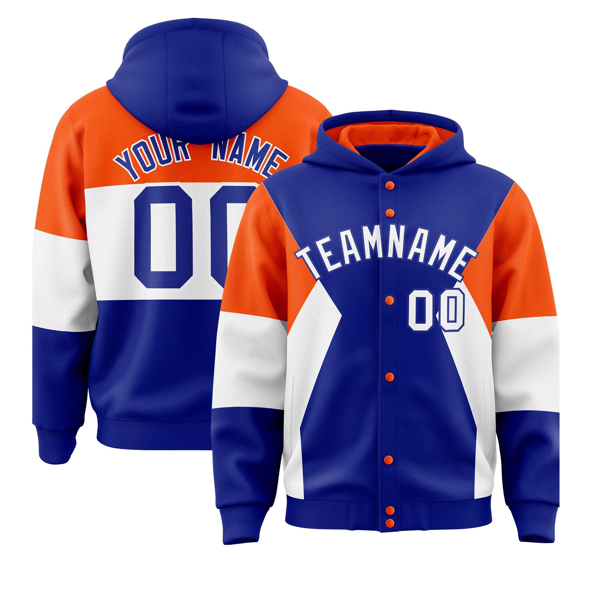 Custom Royal Orange-White Color Block Varsity Full-Snap Letterman Hoodie Jacket