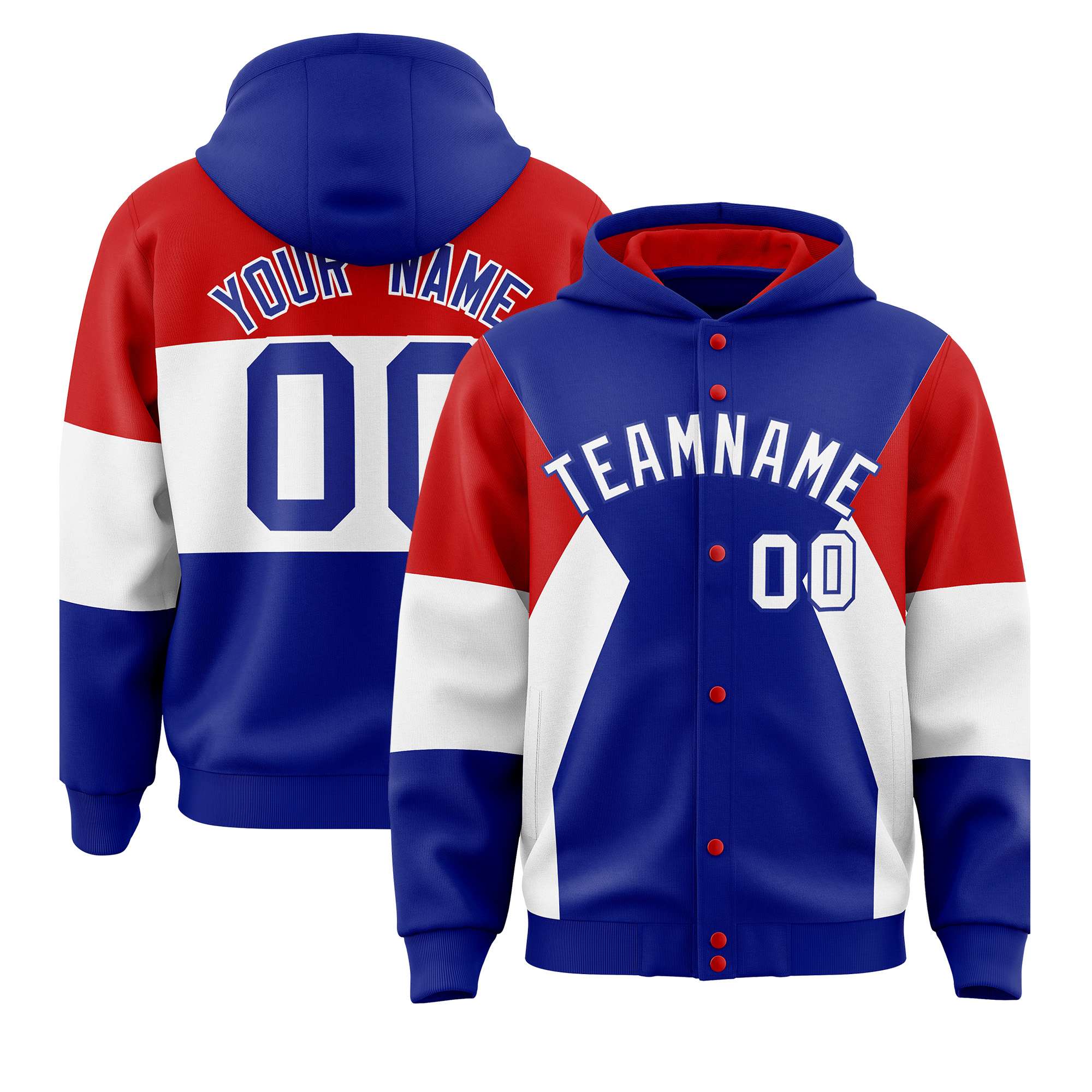 Custom Royal Red-White Color Block Varsity Full-Snap Letterman Hoodie Jacket