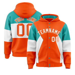 Custom Orange Aqua-White Color Block Varsity Full-Snap Letterman Hoodie Jacket