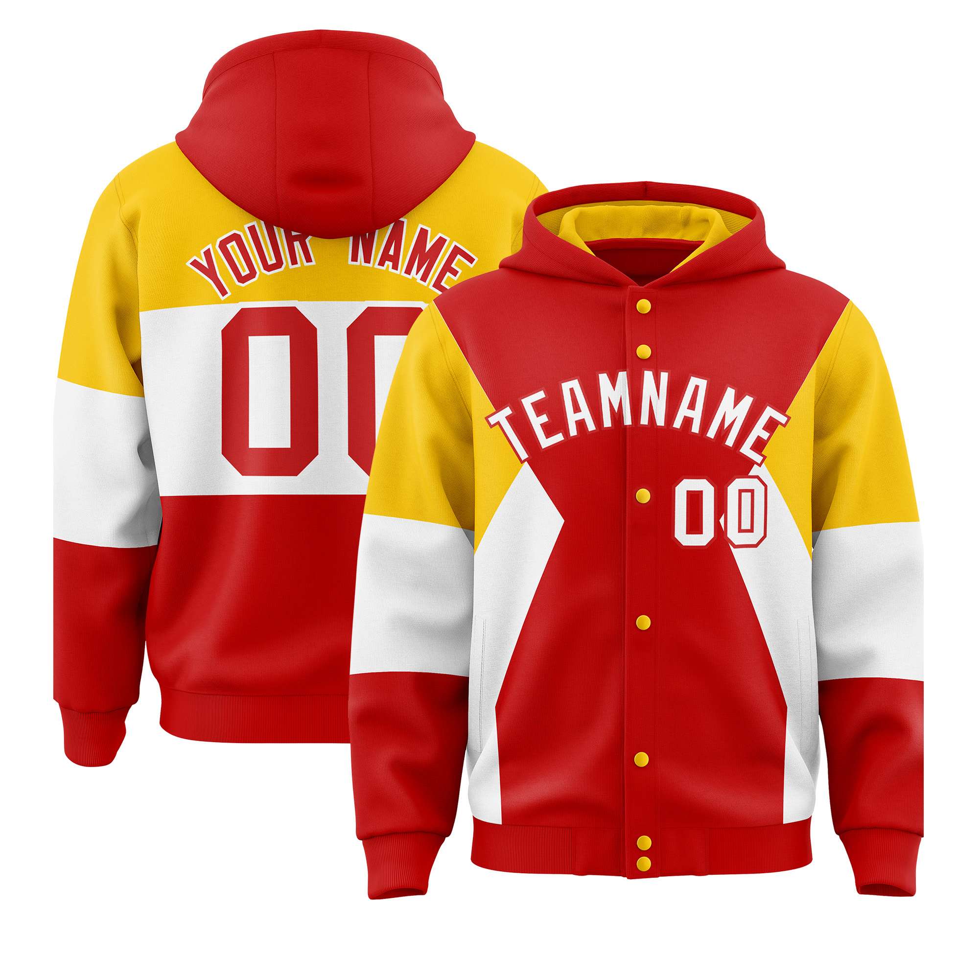 Custom Red Gold-White Color Block Varsity Full-Snap Letterman Hoodie Jacket