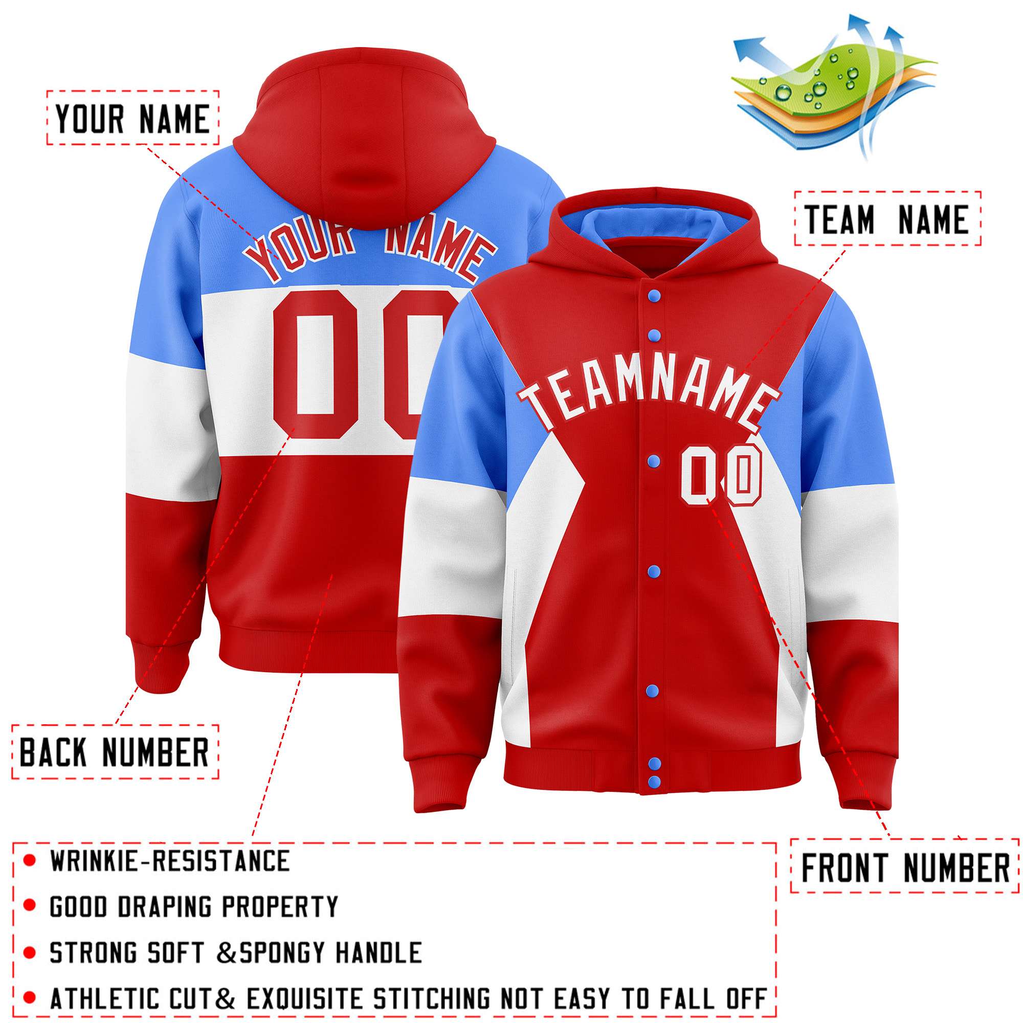 Custom Red Powder Blue-White Color Block Varsity Full-Snap Letterman Hoodie Jacket