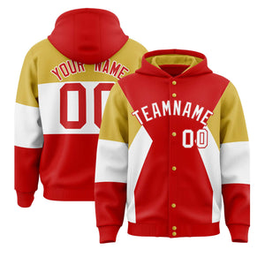 Custom Red Old Gold-White Color Block Varsity Full-Snap Letterman Hoodie Jacket