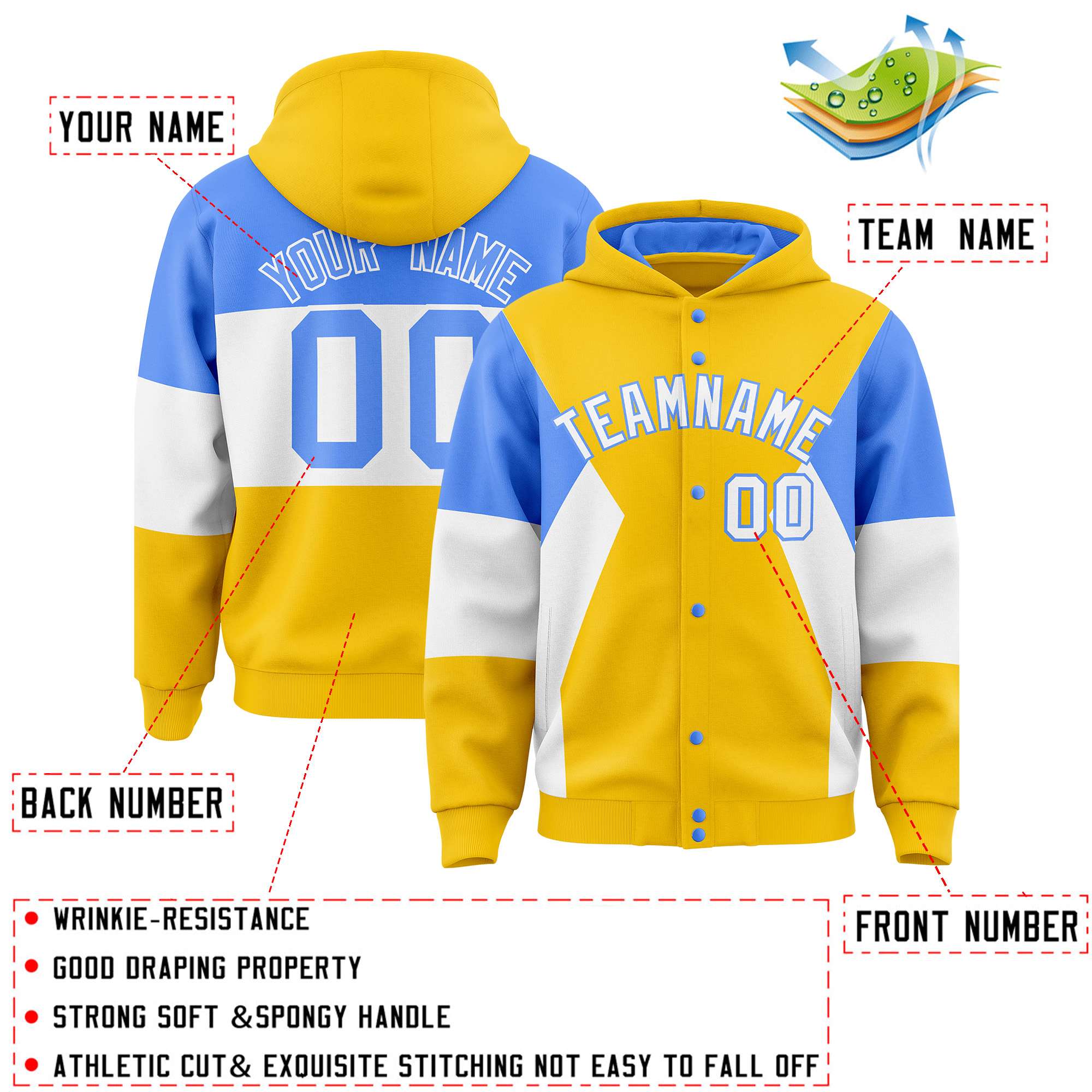 Custom Gold Powder Blue-White Color Block Varsity Full-Snap Letterman Hoodie Jacket