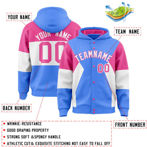 Custom Powder Blue Pink-White Color Block Varsity Full-Snap Letterman Hoodie Jacket