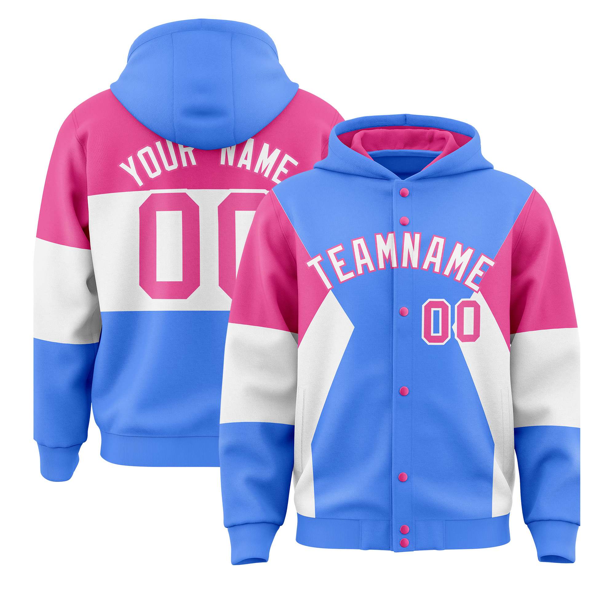 Custom Powder Blue Pink-White Color Block Varsity Full-Snap Letterman Hoodie Jacket