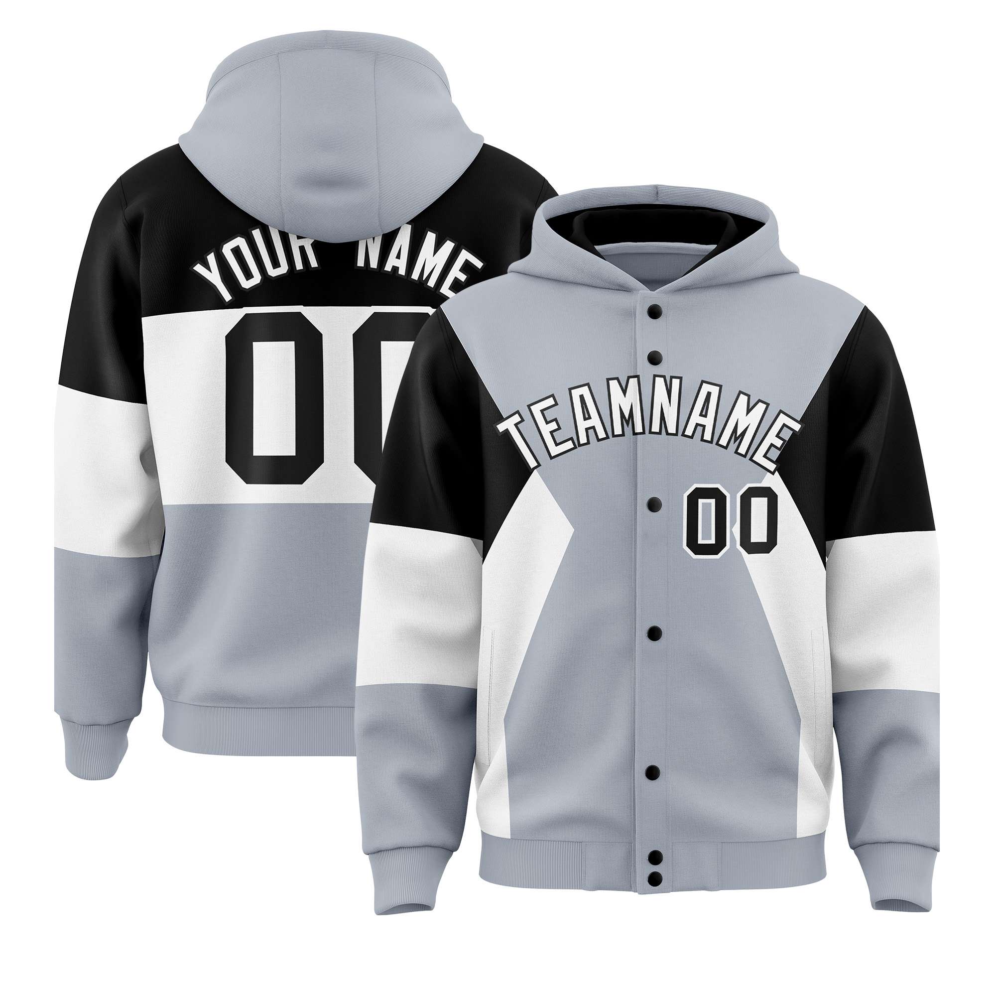 Custom Silver Black-White Color Block Varsity Full-Snap Letterman Hoodie Jacket