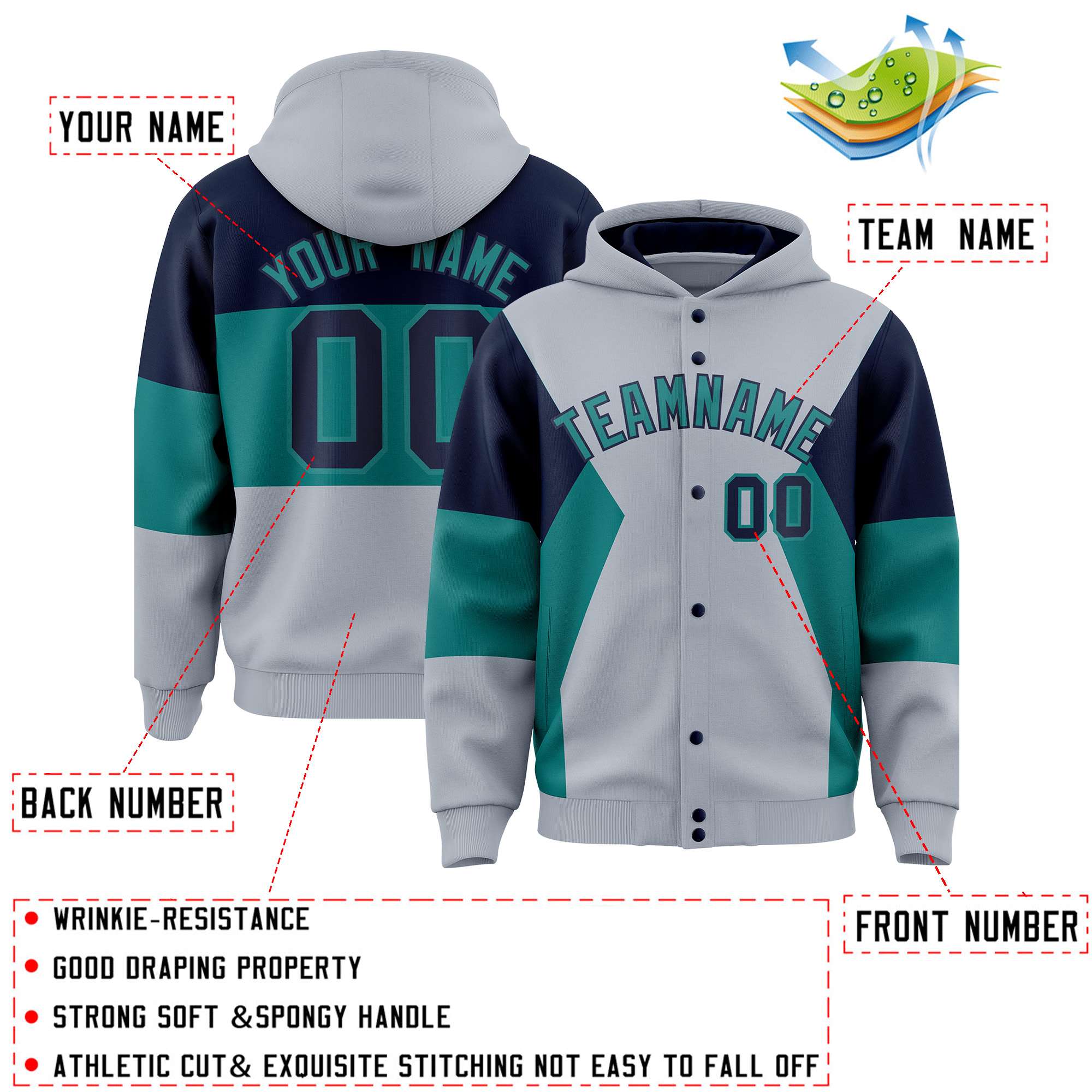 Custom Silver Navy-Aqua Color Block Varsity Full-Snap Letterman Hoodie Jacket