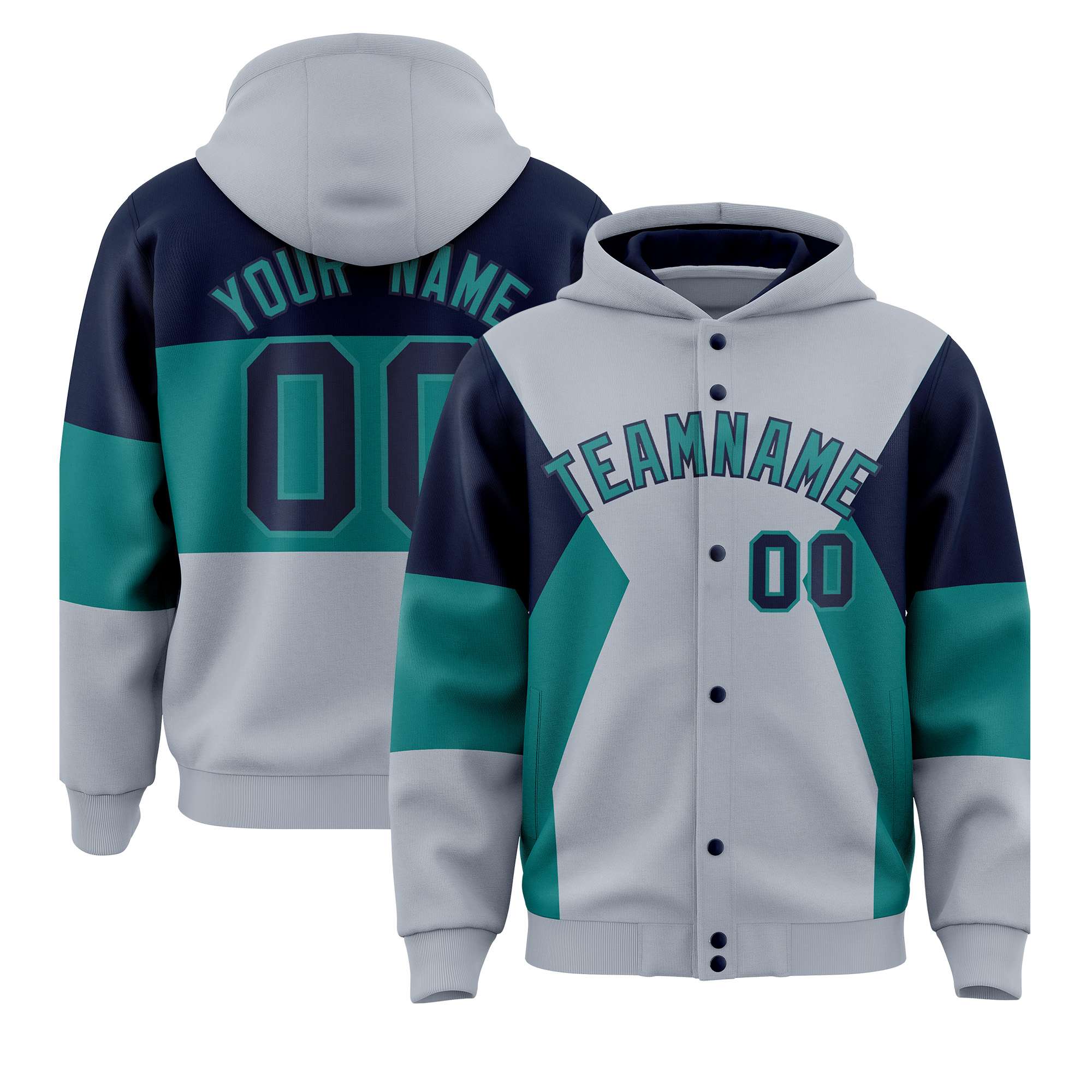 Custom Silver Navy-Aqua Color Block Varsity Full-Snap Letterman Hoodie Jacket