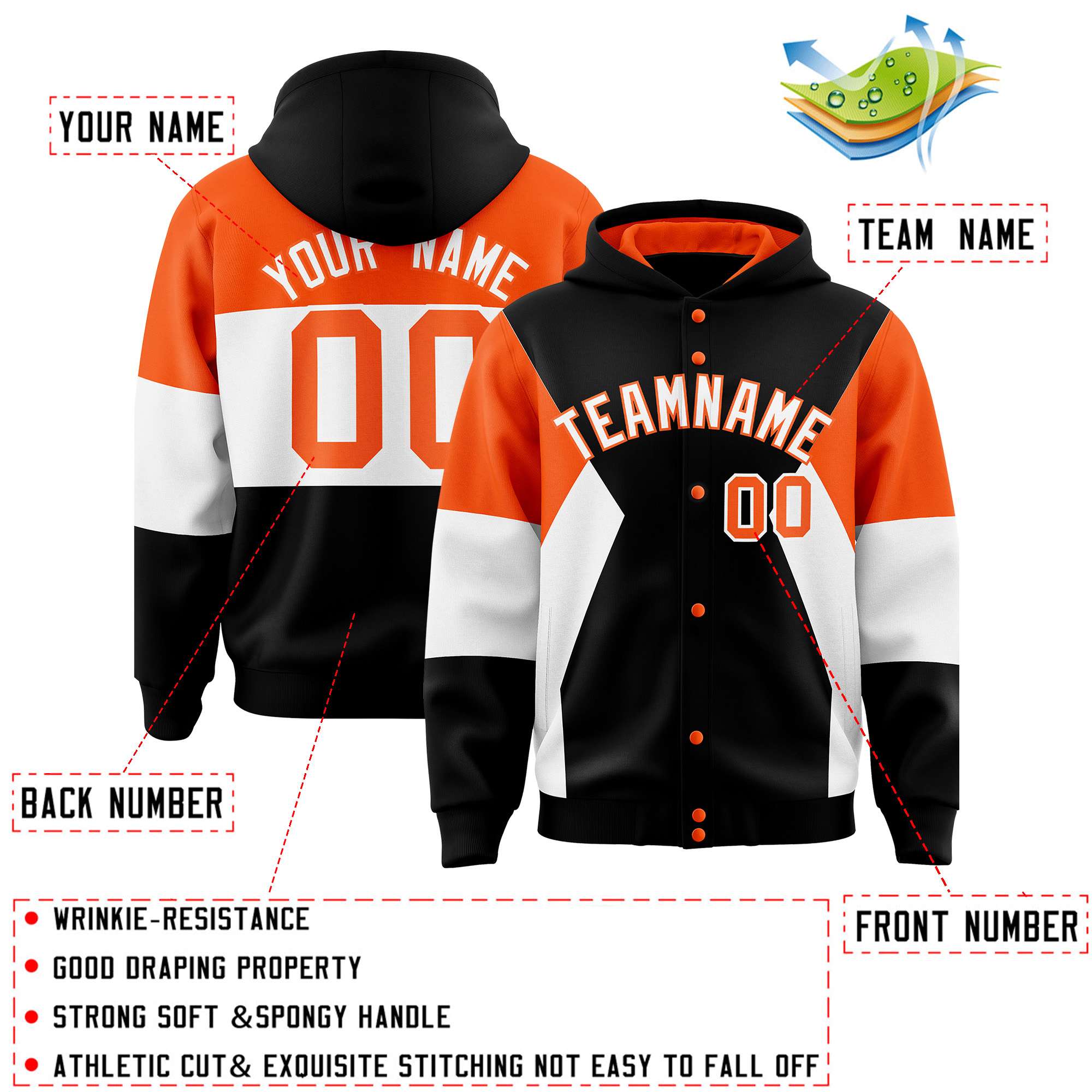 Custom Black Orange-White Color Block Varsity Full-Snap Letterman Hoodie Jacket