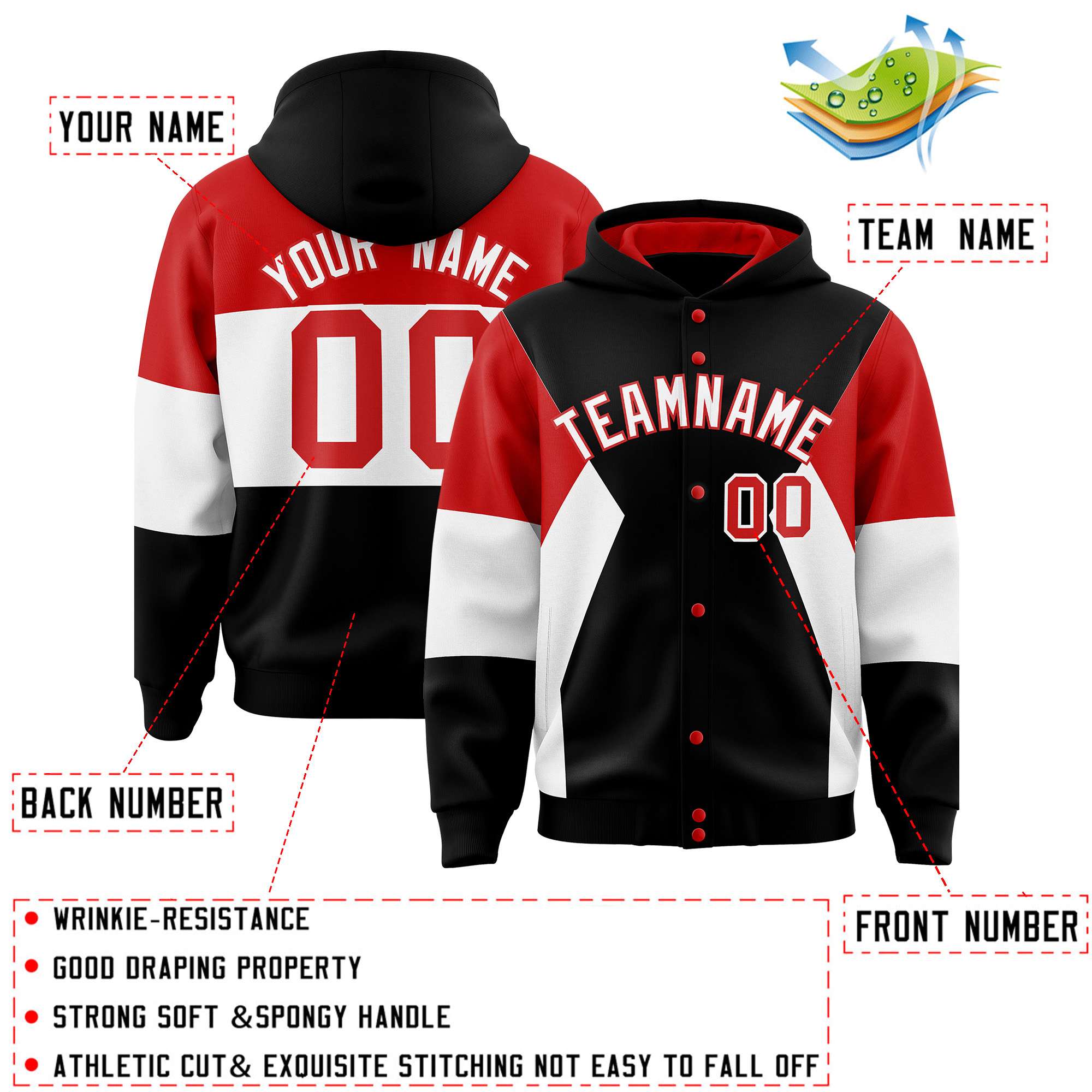 Custom Black Red-White Color Block Varsity Full-Snap Letterman Hoodie Jacket