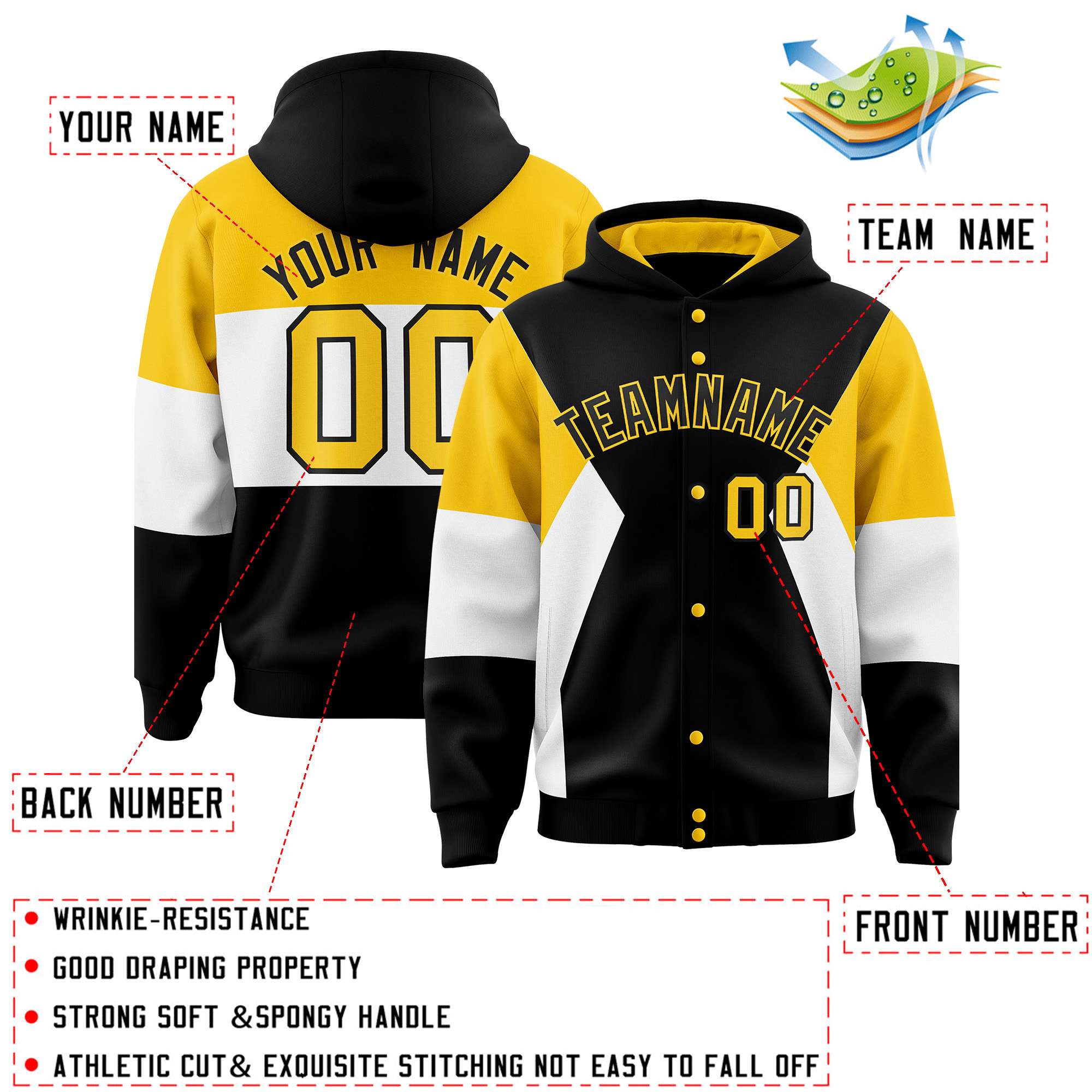 Custom Black Gold-White Color Block Varsity Full-Snap Letterman Hoodie Jacket