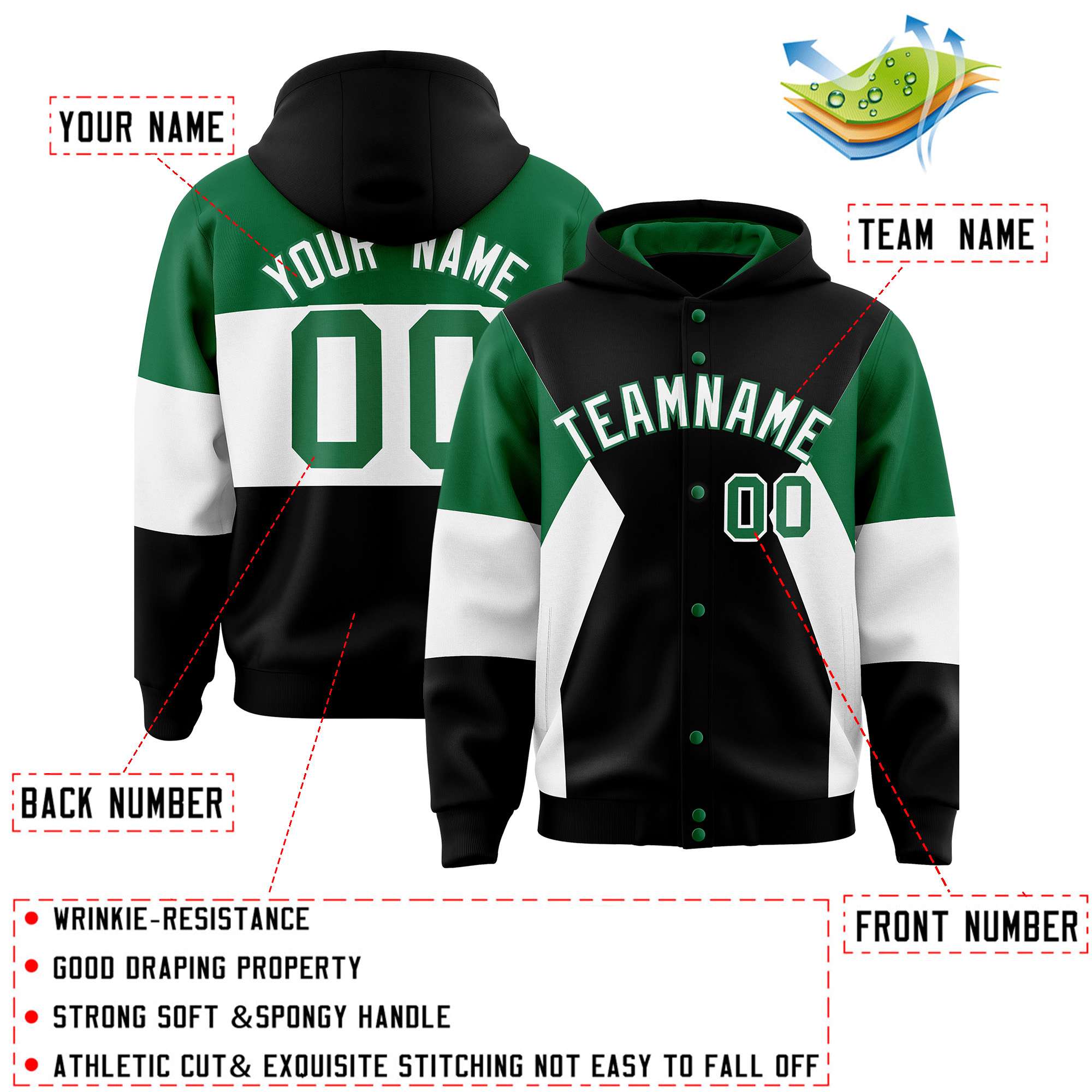 Custom Black Kelly Green-White Color Block Varsity Full-Snap Letterman Hoodie Jacket