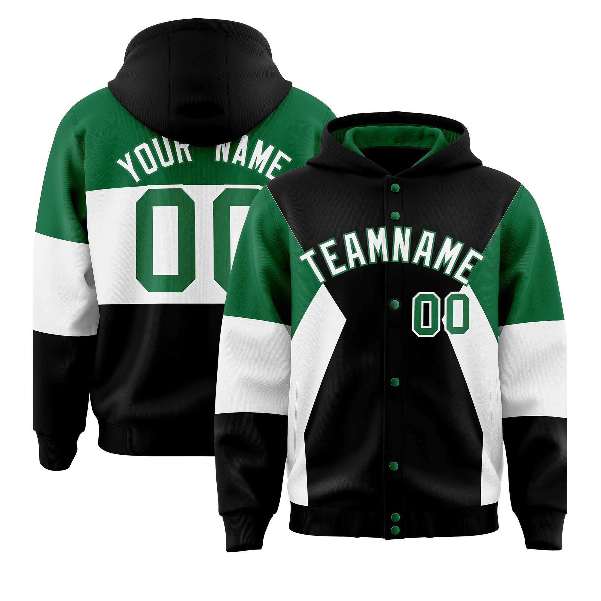 Custom Black Kelly Green-White Color Block Varsity Full-Snap Letterman Hoodie Jacket