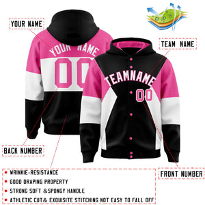 Custom Black Pink-White Color Block Varsity Full-Snap Letterman Hoodie Jacket