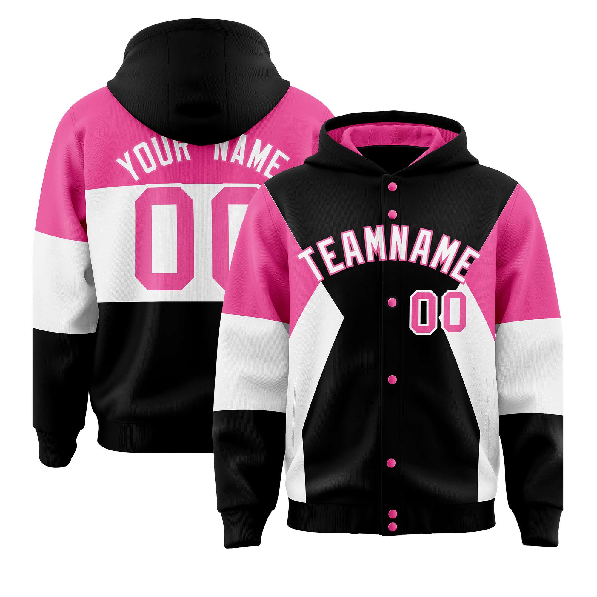 Custom Black Pink-White Color Block Varsity Full-Snap Letterman Hoodie Jacket