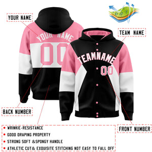 Custom Black Light Pink-White Color Block Varsity Full-Snap Letterman Hoodie Jacket