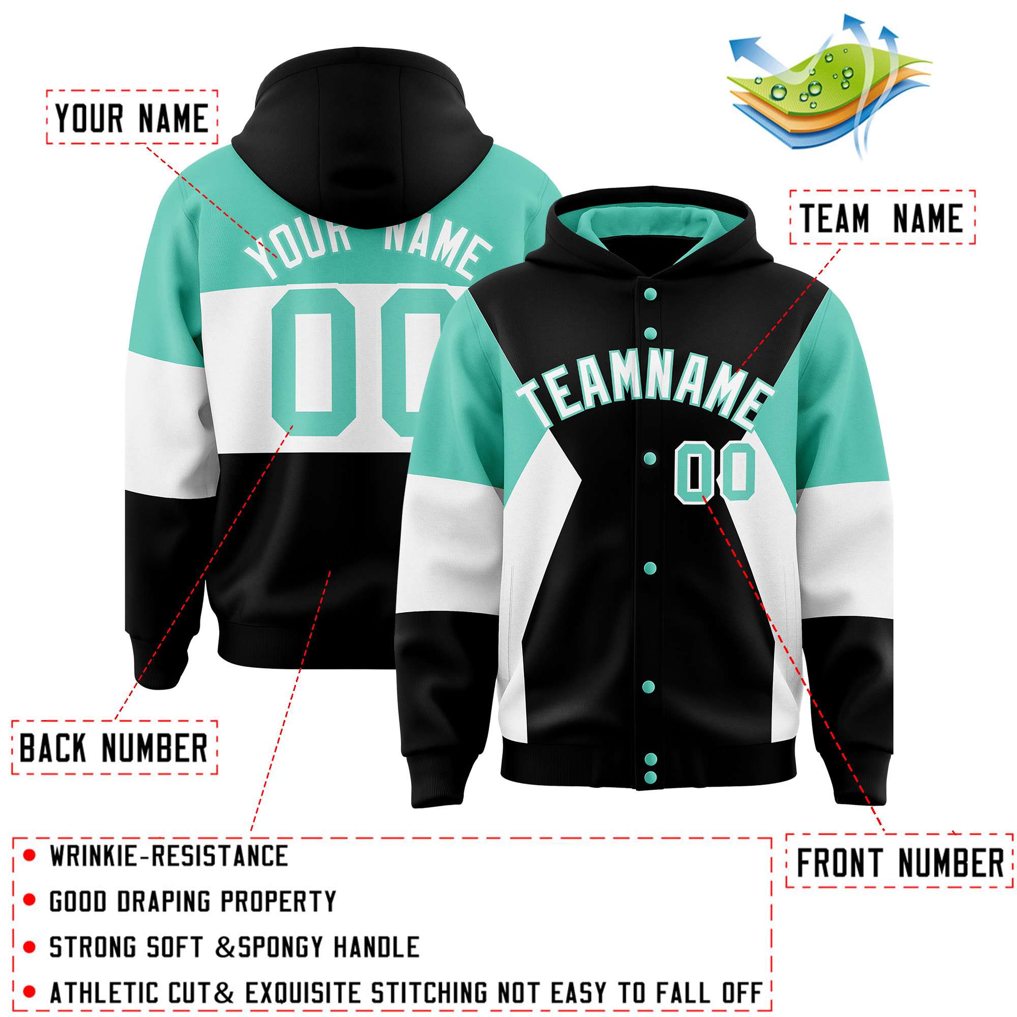 Custom Black Bright Green-White Color Block Varsity Full-Snap Letterman Hoodie Jacket