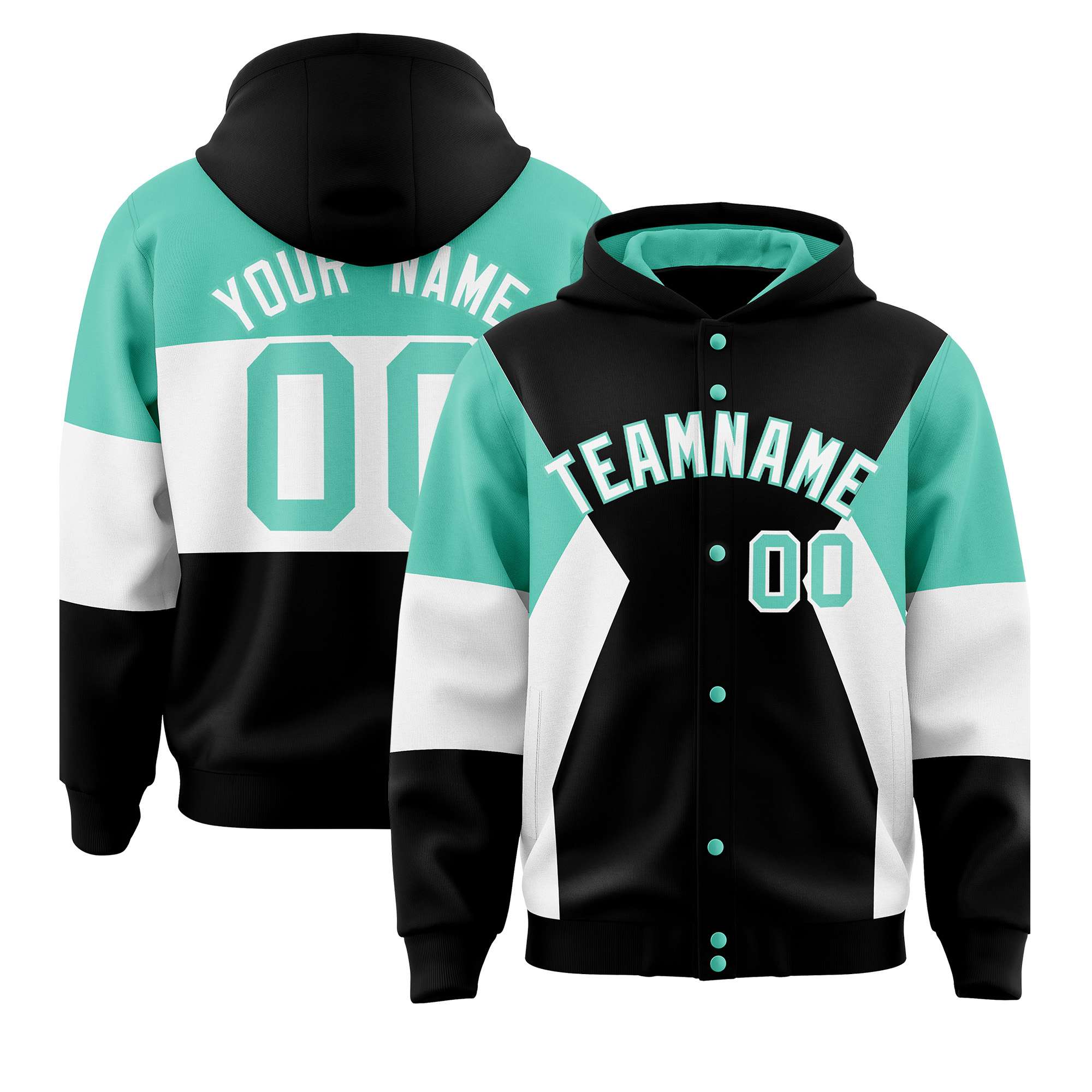 Custom Black Bright Green-White Color Block Varsity Full-Snap Letterman Hoodie Jacket