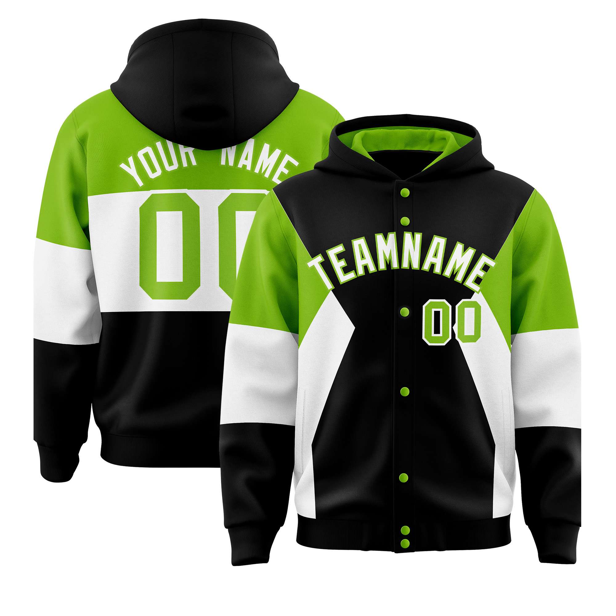 Custom Black Neon Green-White Color Block Varsity Full-Snap Letterman Hoodie Jacket