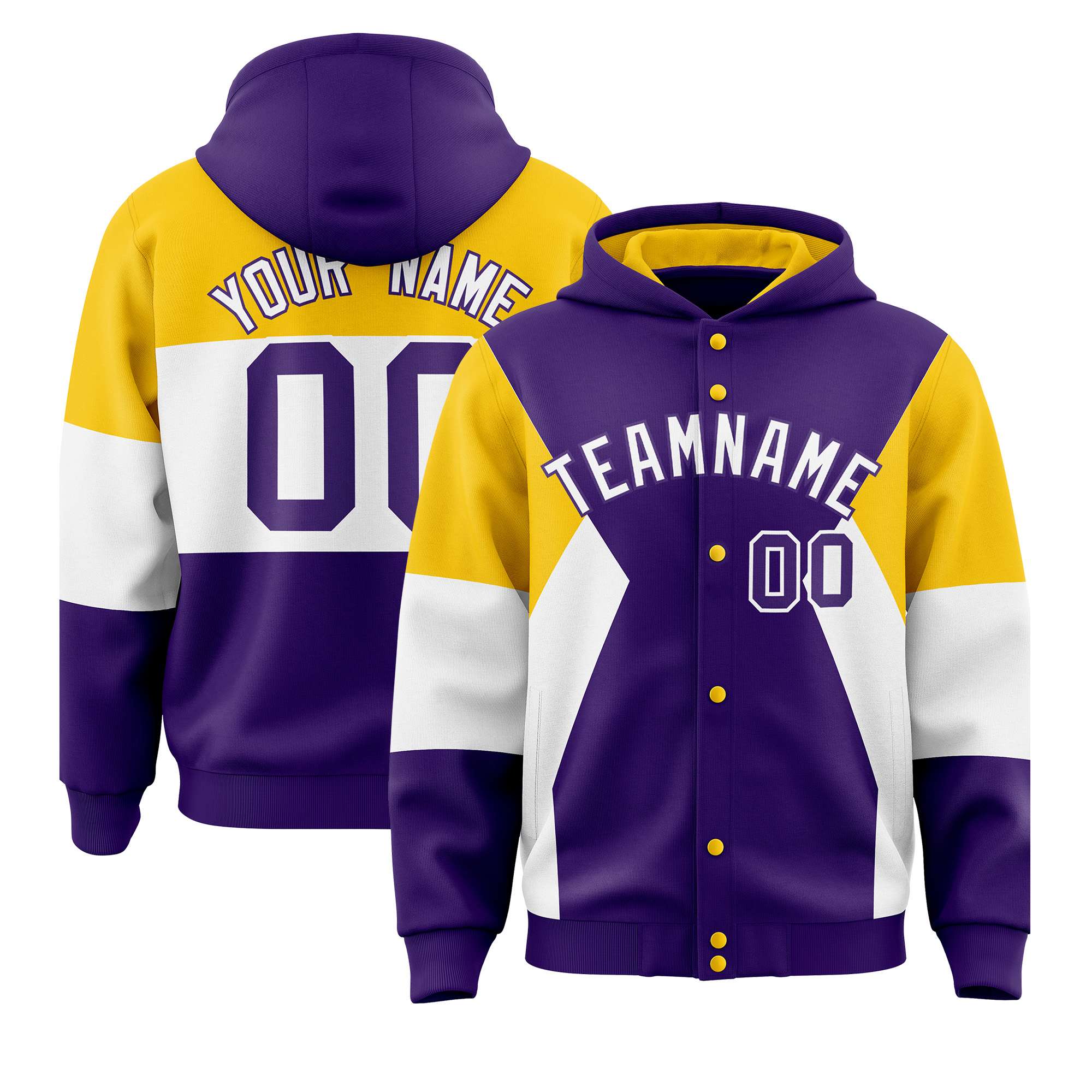 Custom Purple Gold-White Color Block Varsity Full-Snap Letterman Hoodie Jacket