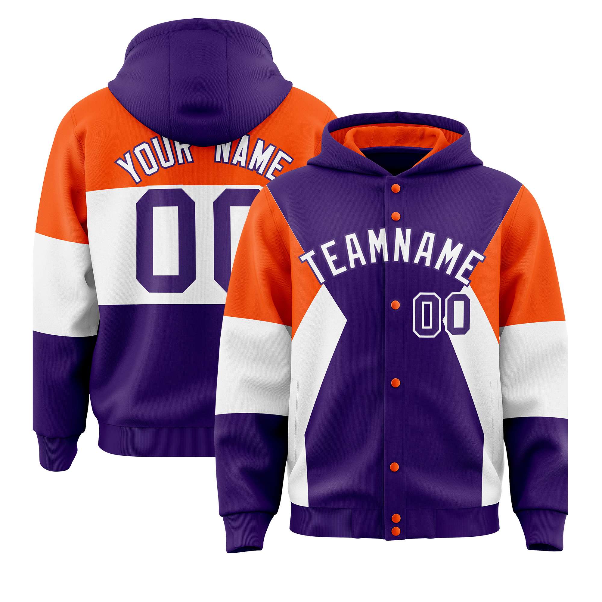 Custom Purple Orange-White Color Block Varsity Full-Snap Letterman Hoodie Jacket