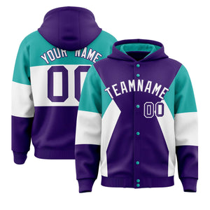 Custom Purple Aqua-White Color Block Varsity Full-Snap Letterman Hoodie Jacket