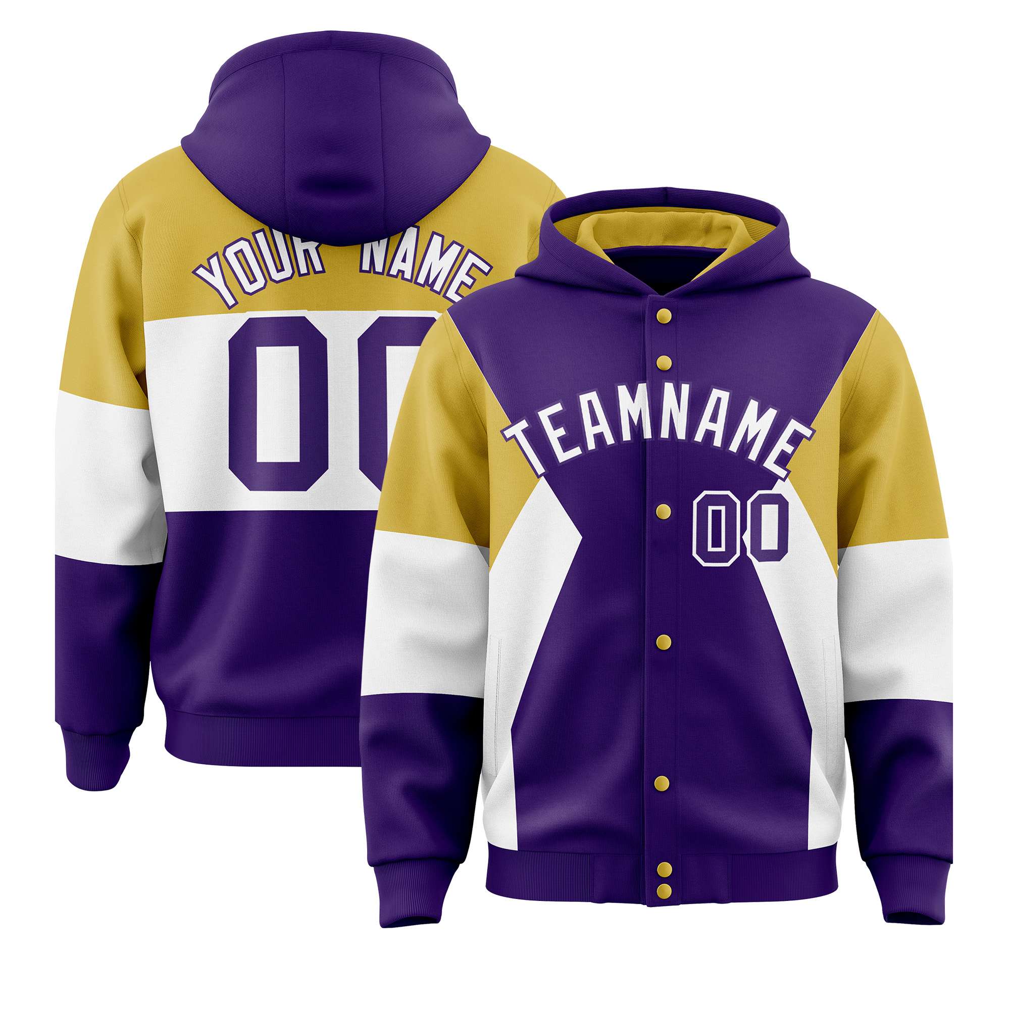 Custom Purple Old Gold-White Color Block Varsity Full-Snap Letterman Hoodie Jacket