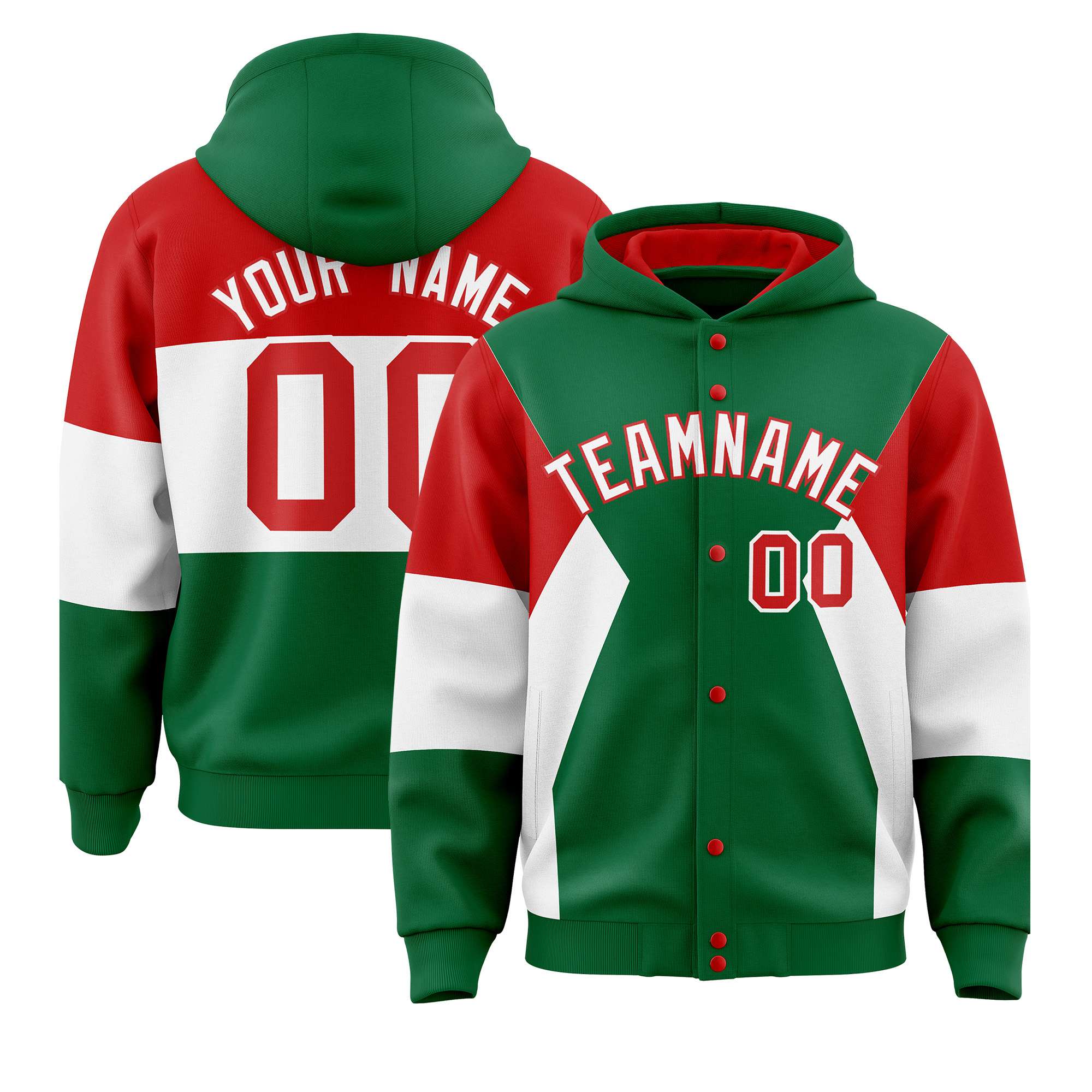 Custom Kelly Green Red-White Color Block Varsity Full-Snap Letterman Hoodie Jacket