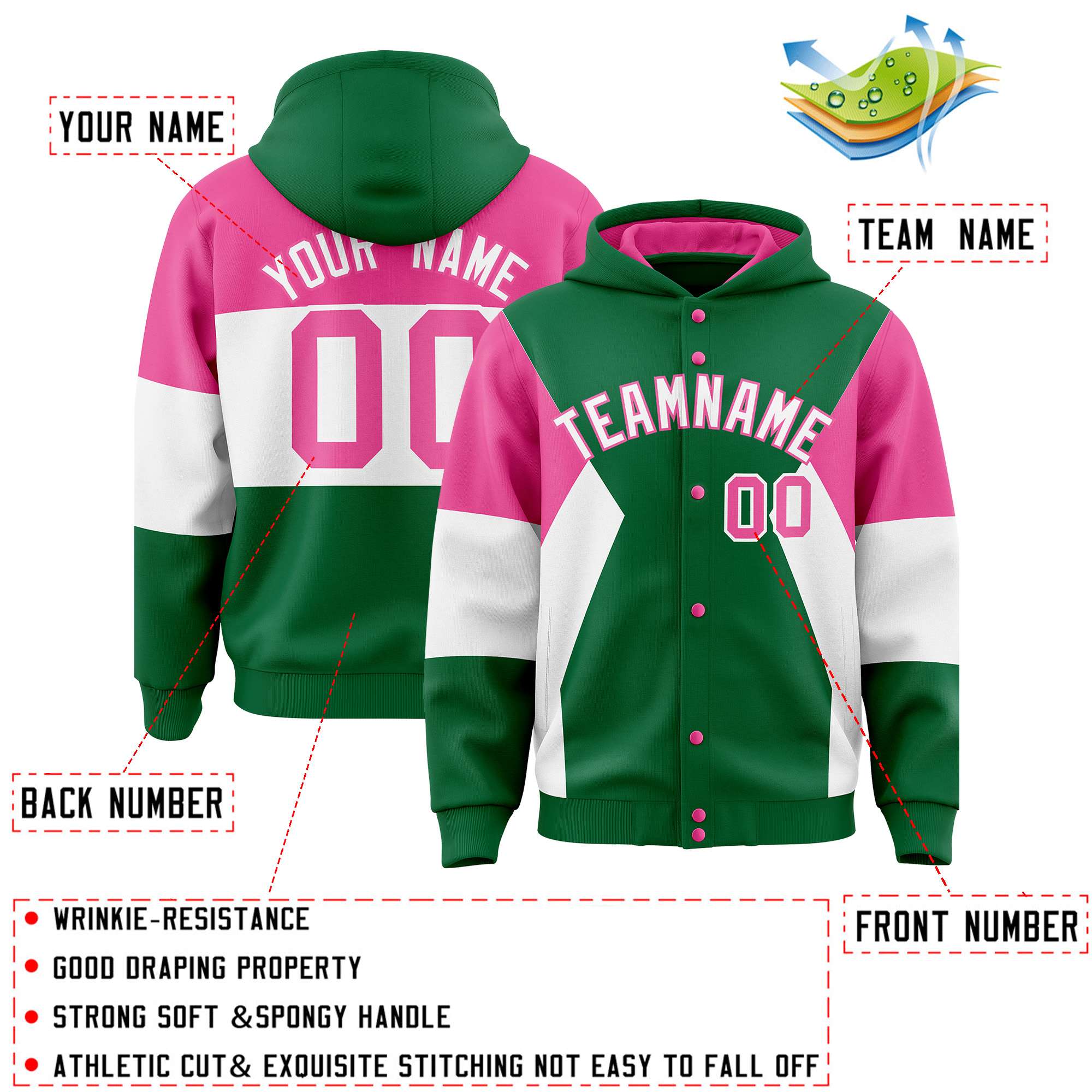 Custom Kelly Green Pink-White Color Block Varsity Full-Snap Letterman Hoodie Jacket