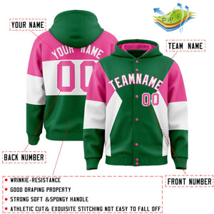 Custom Kelly Green Pink-White Color Block Varsity Full-Snap Letterman Hoodie Jacket