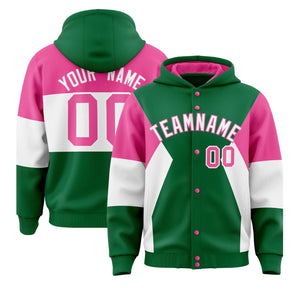 Custom Kelly Green Pink-White Color Block Varsity Full-Snap Letterman Hoodie Jacket