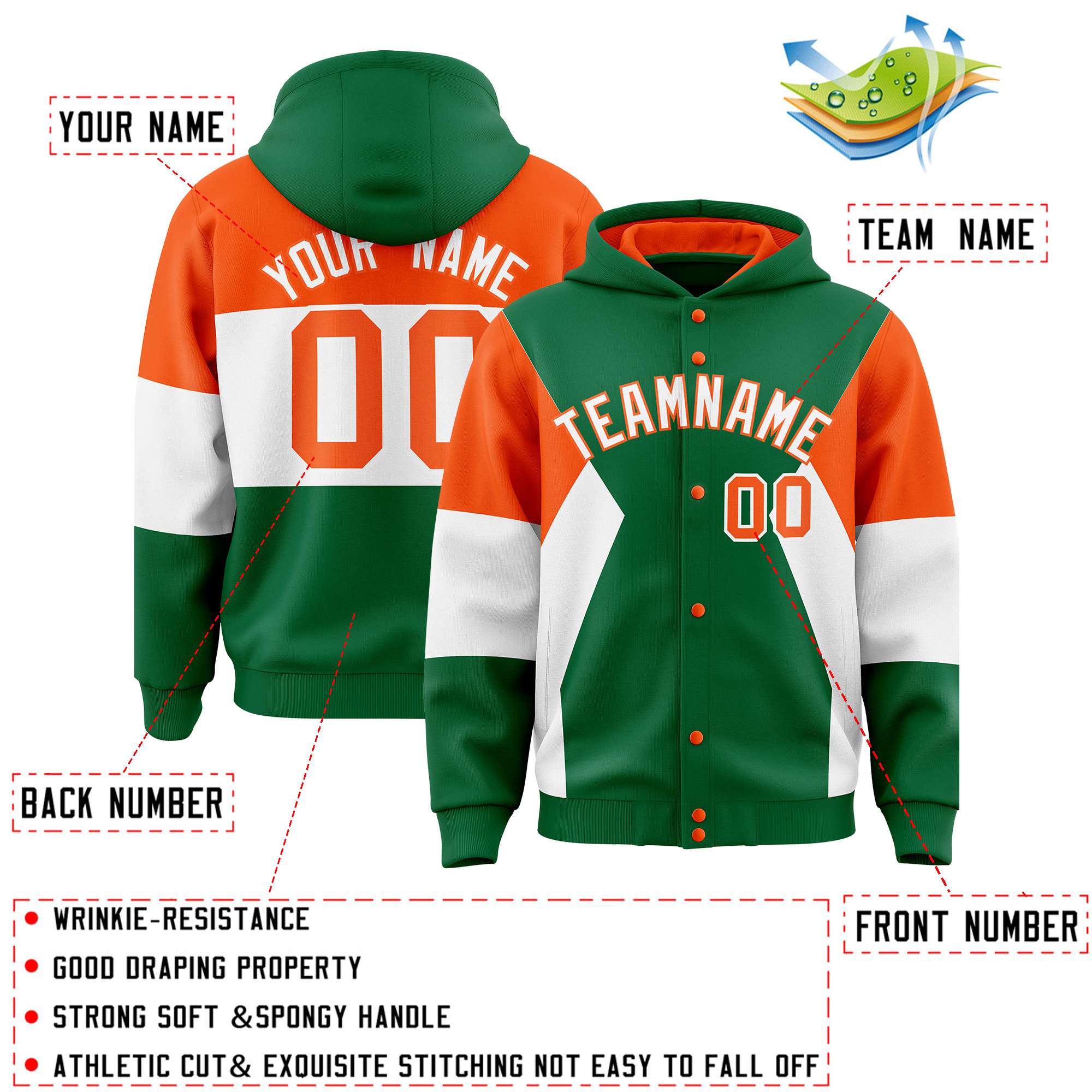 Custom Kelly Green Orange-White Color Block Varsity Full-Snap Letterman Hoodie Jacket